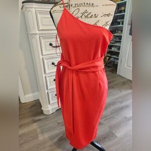 Asymmetrical One-Shoulder Tie-Waist Dress in Coral Red